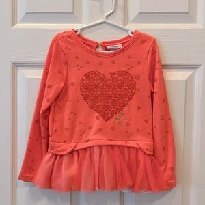 Juicy Couture long sleeve heart Valentine’s Day ruffle shirt Sz 5 orange/pink